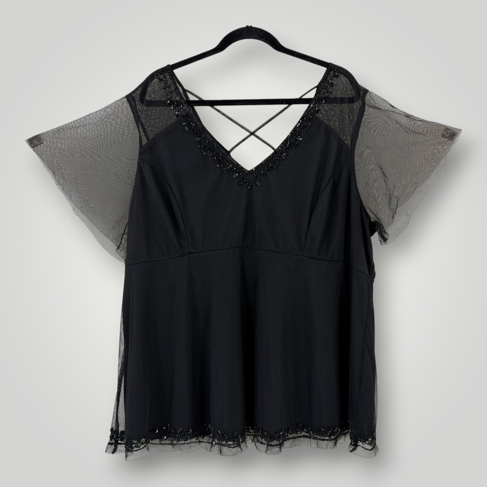 Torrid Blouse Womens 3 3X Black Beaded Sequin Mesh Flutter Sleeve Tunic Top Plus